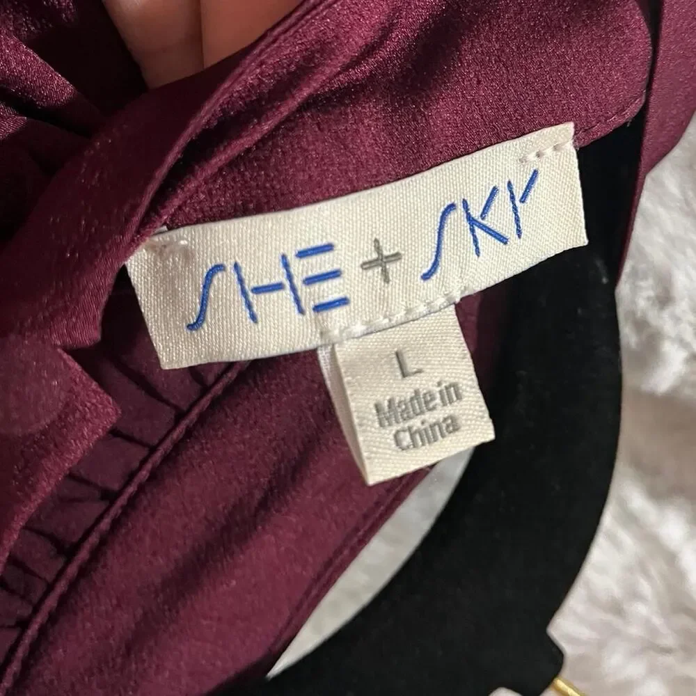 SHE+SKY Burgundy high neck blouse with long sleeves SIZE LARGE - Picture 3 of 8